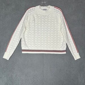Vigoss Womens Ivory Pointelle Scallop Knit Sweater Red Racing Stripe Large